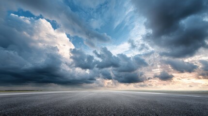Wall Mural - A wide-open road stretches into the distance, framed by a dramatic sky filled with dark clouds. The sun is setting, casting vibrant light across the landscape.