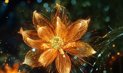 Poster - Close up of a glowing orange flower made of lines with bokeh lights in the background artifical