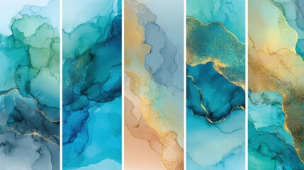 Poster - Fluid art displayed in vertical panels features shades of blue and gold. The soft waves create a serene atmosphere with a harmonious blend of colors and textures.