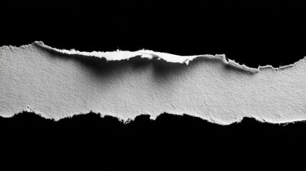 Poster - A textured strip of torn paper lies horizontally on a deep black background, highlighting the rugged edges of the paper and creating a striking visual contrast with light and shadow.