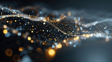 Fototapete - Delicate strands of golden and silver light particles weave through a dark background, creating an intricate network. The visual evokes a sense of depth and energy in a cosmic environment.