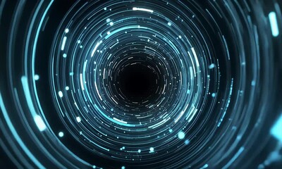 Poster - Abstract blue light streaks and dots forming a circular tunnel towards a dark center point view