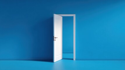 Poster - A white door stands ajar on a bright blue wall, creating a striking contrast. The room embodies minimalism, emphasizing simplicity and tranquility for anyone passing through.