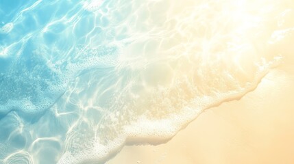  Abstract sand beach from above with light blue transparent water waves and sunlight, summer vacation background concept banner with copy space