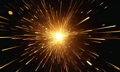 Poster - A bright explosion of golden sparks radiating outwards on a dark black background with bokeh effect