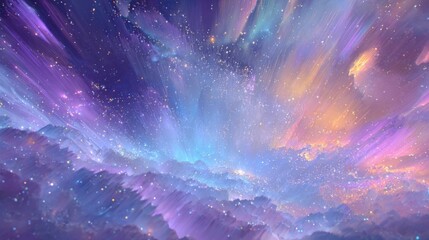 Poster - A stunning view of a cosmic landscape showcasing vibrant colors of purple, blue, and orange. Stars twinkle among dreamy clouds, creating a magical atmosphere during twilight.