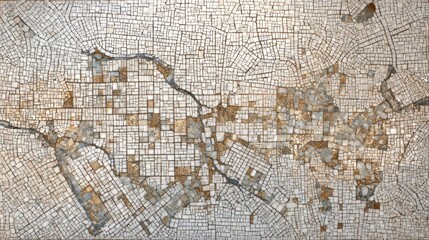 Poster - An abstract mosaic artwork showcases a detailed city layout with interconnected patterns and textures in neutral shades. The piece highlights various geometric forms intricately arranged.