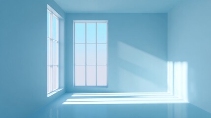 Poster - The scene features a spacious room with soft blue walls and large windows allowing sunlight to fill the space. The minimalist decor highlights simplicity and tranquility.