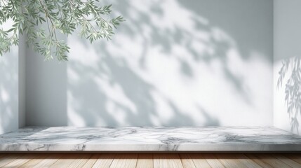 Poster - A bright and serene interior space features soft shadows cast from nearby foliage, enhancing the minimalist design with natural elements. The marble surface adds elegance.