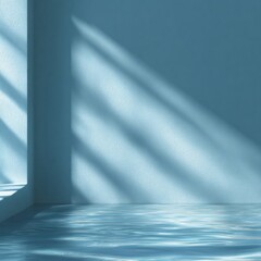 Poster - Sunlight streams through a window, casting soft shadows on a light blue wall and floor. The serene ambiance highlights the simplicity of the space and evokes a peaceful feeling.
