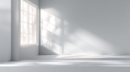 Poster - Sunlight streams through a wooden window into a minimalist room, creating soft shadows on the white walls and polished floor, evoking a sense of tranquility and openness.