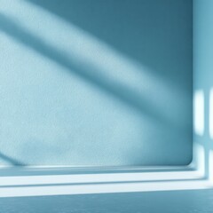 Poster - Sunlight casts delicate shadows on a tranquil blue wall in a bright indoor setting. The soft light creates a peaceful atmosphere, enhancing the minimalist design.