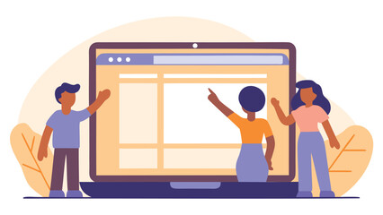 People standing in front of a large laptop screen with a website interface displayed on the screen area