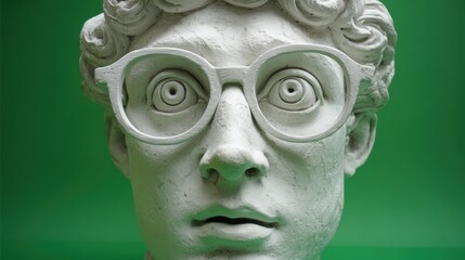 Poster - a detailed white sculpture of a head with curly hair and large glasses expresses a neutral emotion. 