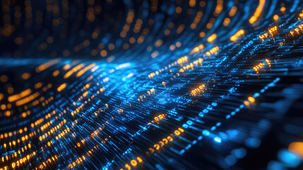 Aufkleber - Flowing blue and yellow binary data stream with glowing digital lines and particles, representing technology, cyber security, and artificial intelligence. Futuristic abstract background.