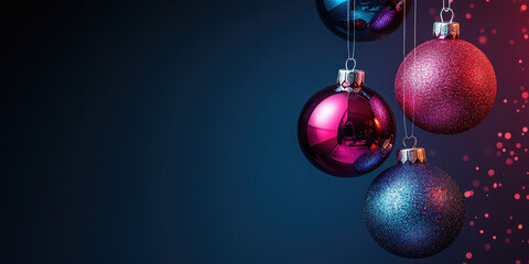 Poster - Minimalist hanging elegant neon Christmas balls on dark background with glowing lights. Merry Christmas and New Year 2026 banner design, digital festive decoration,modern holiday concept,copy space