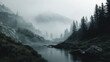 © Станислав Пархоменко - A photorealistic image of a serene mountain landscape with mist with ambient occlusion
