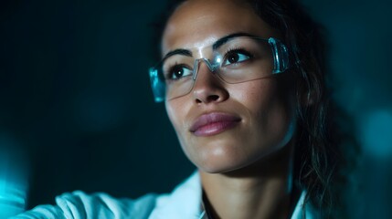 Poster - A scientist examines a solar battery in a laboratory setting  long title A focused and determined scientist closely inspects a solar battery