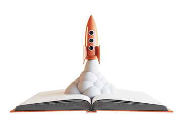 Poster - Rocket launching from open book with smoke, minimal graphic style, isolated on white background. Concept of startup, success, learning. 3D Rendering