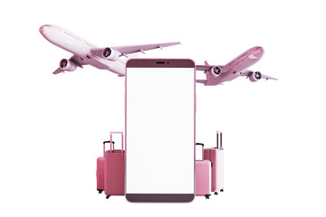 Poster - Blank smartphone mockup with pink suitcases and airplanes flying above, isolated on white background. Concept of travel app and vacation planning. 3D Rendering