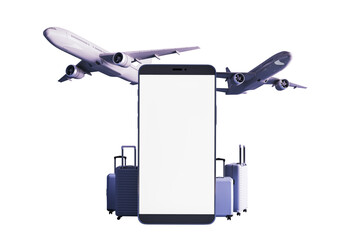 Poster - Smartphone with empty display, surrounded by suitcases and airplanes, isolated on white background. Concept of travel booking and vacation. 3D Rendering