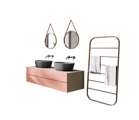 Fototapete - Contemporary bathroom vanity set with mirrors, vessel sinks, and towel rack, isolated on white background. 3D Rendering for interior template