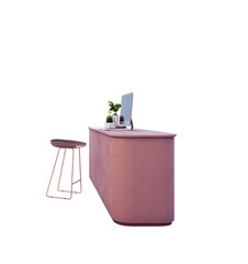 Fototapete - Pink modern reception desk with desktop computer, chair, and decor plants in a clean office element design on white background. 3D Rendering