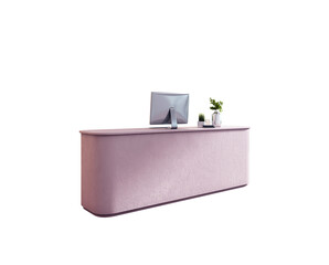 Fototapete - Contemporary pink reception counter with computer monitor and small potted plants, isolated on white background for office interior layout. 3D Rendering