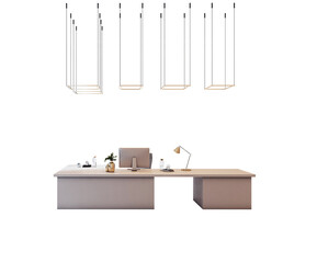 Poster - Contemporary office desk with computer, lamp, and decor in clean layout, isolated on white background, 3D Rendering of business workspace