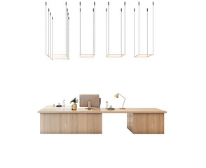 Poster - Executive wooden office desk with desktop computer, lamp, and accessories under geometric hanging lights on isolated white background. 3D Rendering.
