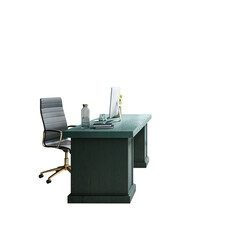Poster - Executive office desk setup with computer, chair, books, and glassware in realistic 3D Rendering style, isolated on white background for business concept