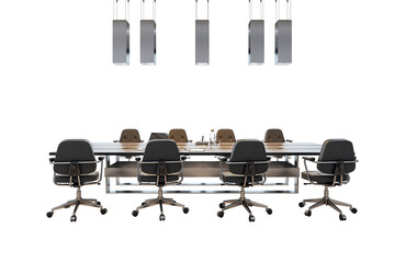 Poster - Office conference table with swivel chairs and pendant lights in clean modern layout, isolated on white background. Business meeting concept, 3D Rendering