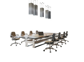 Poster - Contemporary meeting room furniture layout with ergonomic chairs around a modern conference table and ceiling lights on white background. 3D Rendering