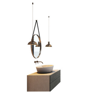 Contemporary bathroom vanity with vessel sink, round hanging mirror, and pendant lights, isolated on white background for design template. 3D Rendering