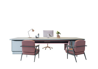 Poster - Contemporary office desk with two chairs, computer, lamp, and plant decor in clean layout on white background. 3D Rendering