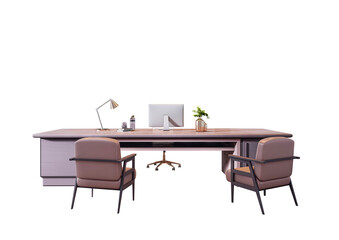 Poster - Office desk setup with computer, lamp, and chairs in modern style isolated on white background. 3D Rendering of business workspace concept