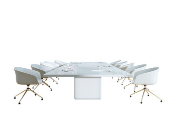 Poster - Sleek business meeting table with white chairs and office items, clean minimal style on white background, concept of conference workspace, 3D Rendering