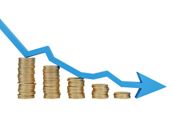 Poster - Blue descending arrow and stacked gold coins on white background, 3D Rendering concept symbolizing financial loss, market crash, or recession