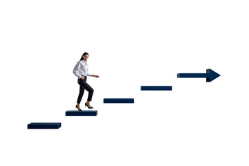 Poster - Female businessperson climbing abstract staircase with upward arrow on clean white background, concept of ambition and career achievement