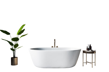 Poster - White freestanding bathtub with metal faucet, green potted plant, and toiletry stand arranged in clean layout on white background. 3D Rendering