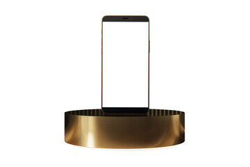 Fototapete - Modern smartphone with empty screen standing on reflective gold podium, isolated on clean white background for branding and app showcase. 3D Rendering