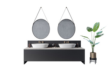 Poster - Minimalist double sink bathroom vanity with round mirrors and green potted plant, clean layout on white background. Concept of modern decor. 3D Rendering.