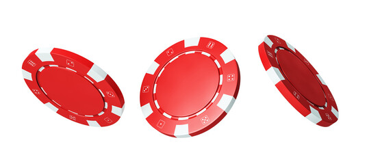 Poster - Three red casino poker chips with white accents in realistic 3D Rendering style, isolated on clean white background, concept of gambling or gaming
