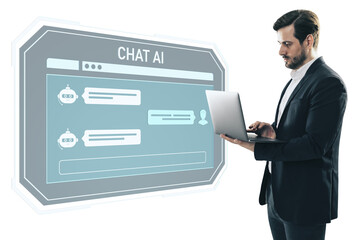 Poster - Businessman using laptop facing large digital AI chat interface, isolated on white background, concept of online assistant and technology