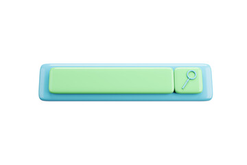 Fototapete - Glossy green and blue search bar with magnifying glass icon isolated on white background, clean interface element for modern user layout. 3D Rendering