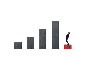 Poster - Businessman in suit stands on red block, gazing up at ascending staircase of wood-textured blocks arranged on isolated white background