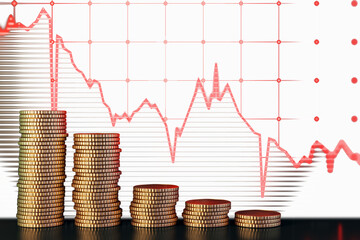 Poster - Stacked coins in descending order with red downward chart on white background, symbolizing financial crisis, recession, and market collapse. 3D Rendering