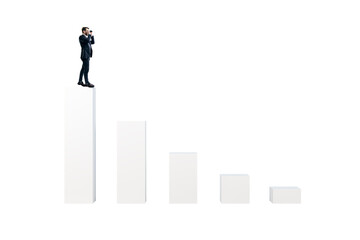 Poster - Businessman with binoculars on tall bar of descending graph, isolated style on white background, symbolizing future vision and research