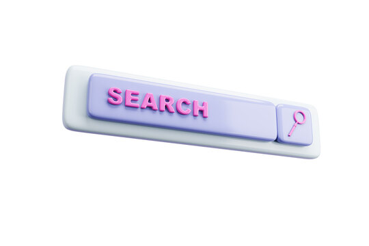 Modern 3D rendering of a pastel purple search bar with pink text and magnifying glass icon on isolated white background, concept of interface element