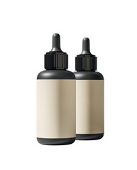 Poster - Two black dropper bottles with blank beige labels, minimal clean style, isolated on white background, product mockup and branding concept, 3D Rendering